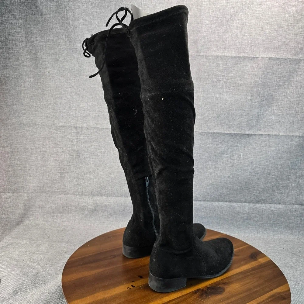 Black Over The Knee Boots Faux Suede Side Zip Tie Back Women Size‎ 8